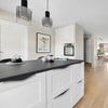 Modern modular kitchen with Fabulous Hardware Edge Profile Handle 016 BS in Satin Black on white drawers — premium aluminium handle