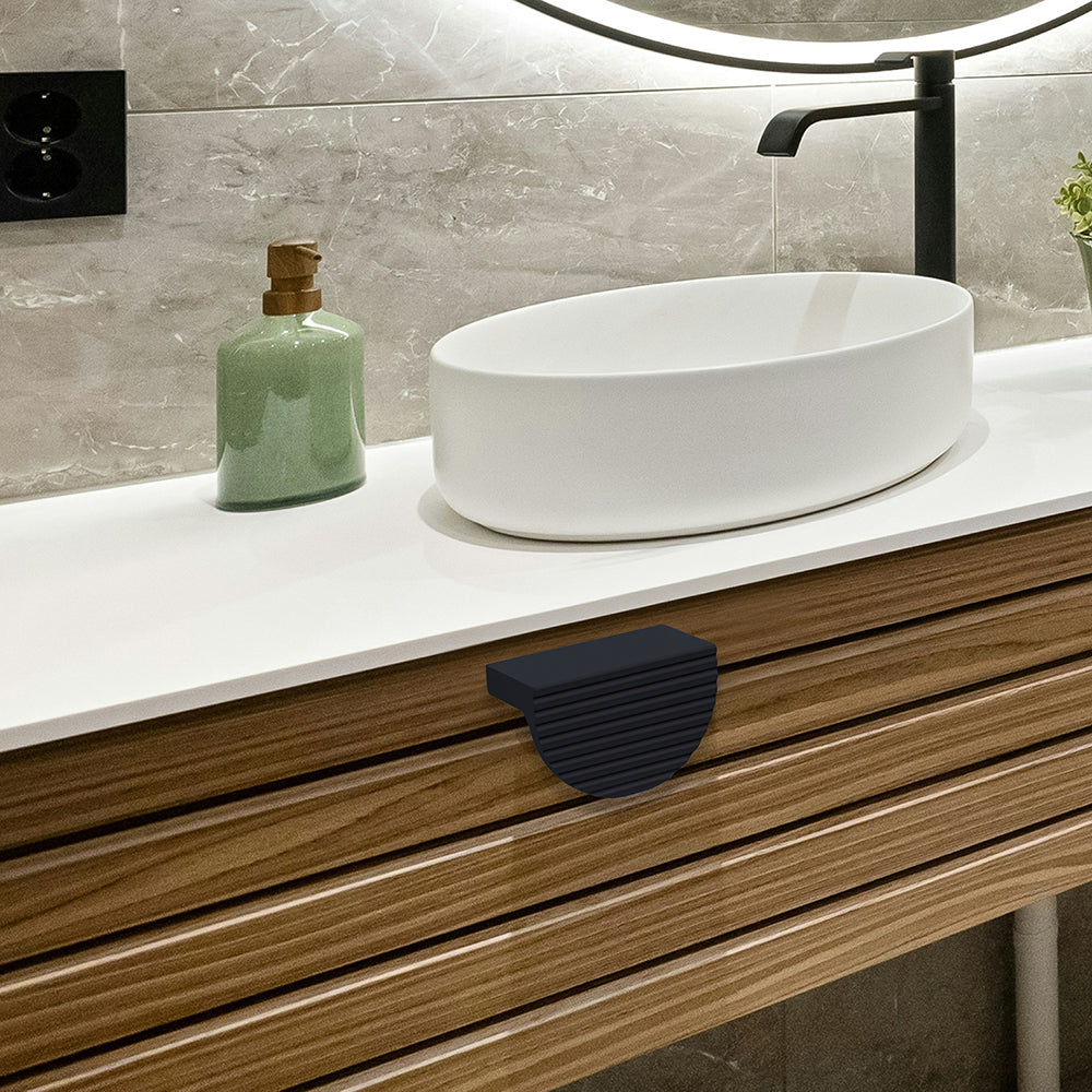 Aluminium cabinet knob 418 — half-dome knob with vertical grooved face in Satin Black finish, 32mm