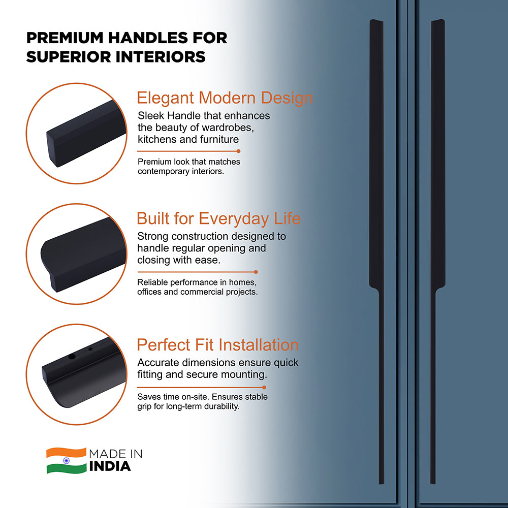 Aluminium Wardrobe Cabinet Handle 9012 | Satin Black, Gold PVD, Copper Glossy | 32mm, 200mm, 450mm, 900mm