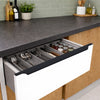 Modern modular kitchen with Fabulous Hardware Edge Profile Handle 028 BS in Satin Black on white drawers — premium aluminium handle