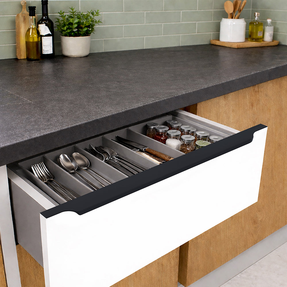Modern modular kitchen with Fabulous Hardware Edge Profile Handle 028 BS in Satin Black on white drawers — premium aluminium handle