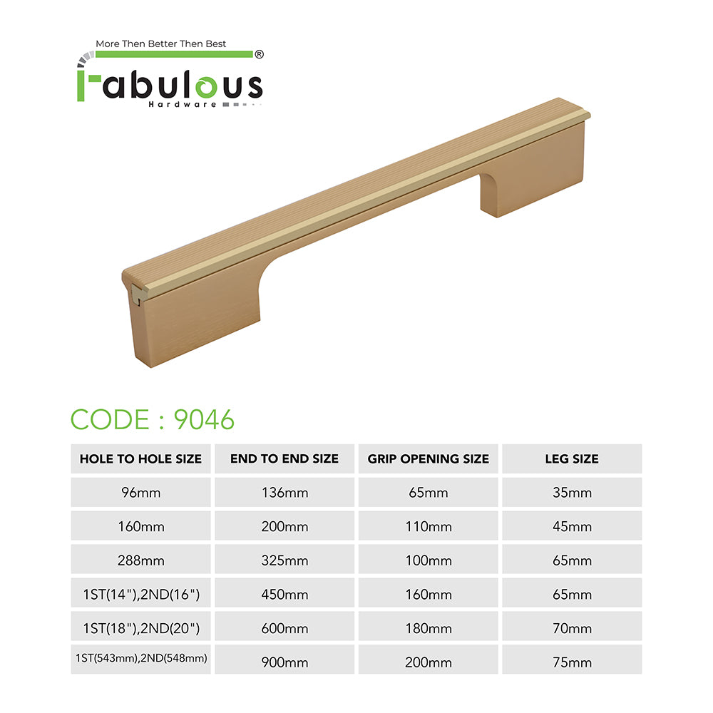 Aluminium Wardrobe Cabinet Handle 9046 | Satin Black + Spray Black, Gold Matt + Gold PVD, Pista + Gold PVD, Sartin Copper + R.G. PVD | 96mm, 160mm, 288mm, 450mm, 600mm, 900mm