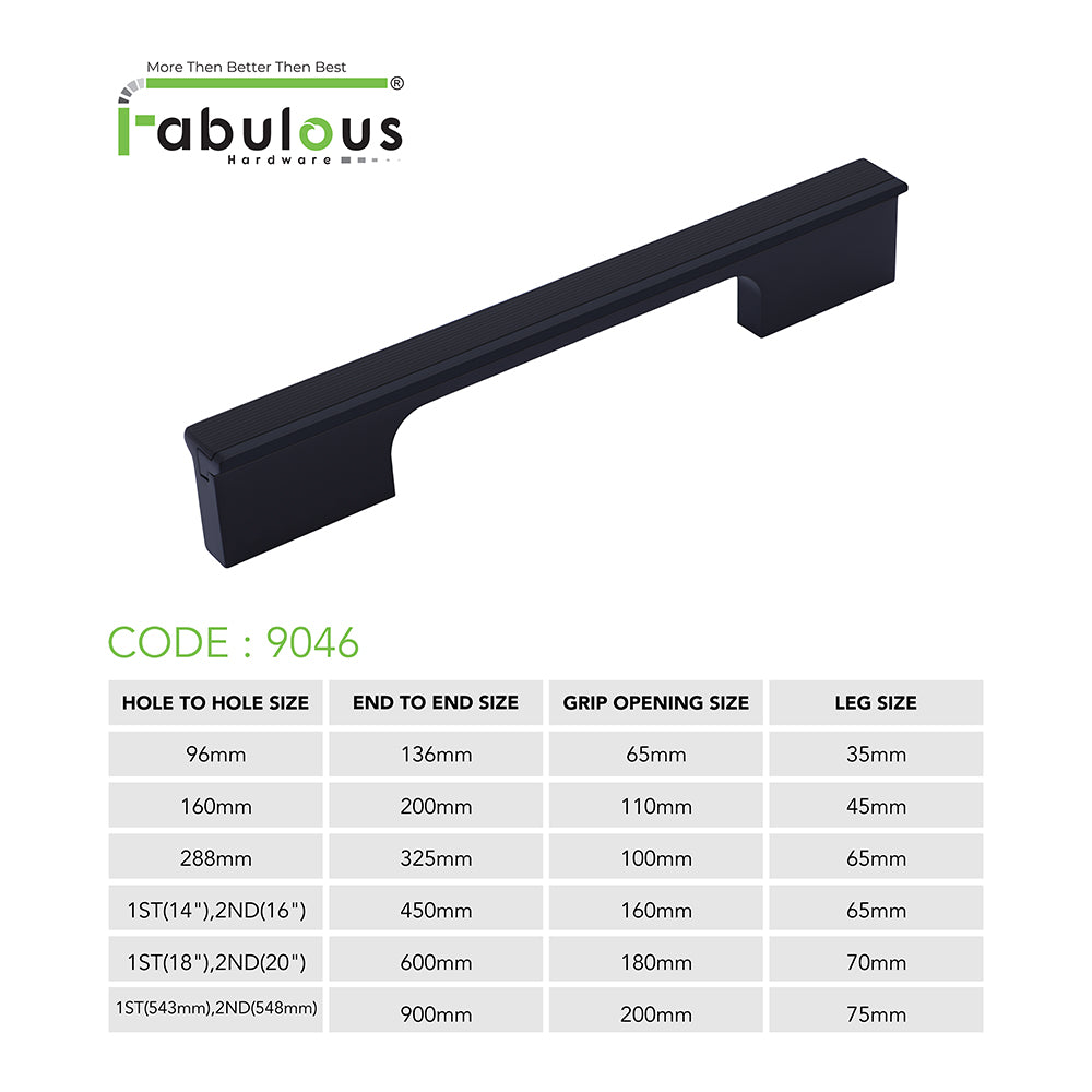 Aluminium Wardrobe Cabinet Handle 9046 | Satin Black + Spray Black, Gold Matt + Gold PVD, Pista + Gold PVD, Sartin Copper + R.G. PVD | 96mm, 160mm, 288mm, 450mm, 600mm, 900mm
