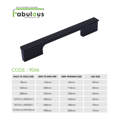 Aluminium Wardrobe Cabinet Handle 9046 | Satin Black + Spray Black, Gold Matt + Gold PVD, Pista + Gold PVD, Sartin Copper + R.G. PVD | 96mm, 160mm, 288mm, 450mm, 600mm, 900mm