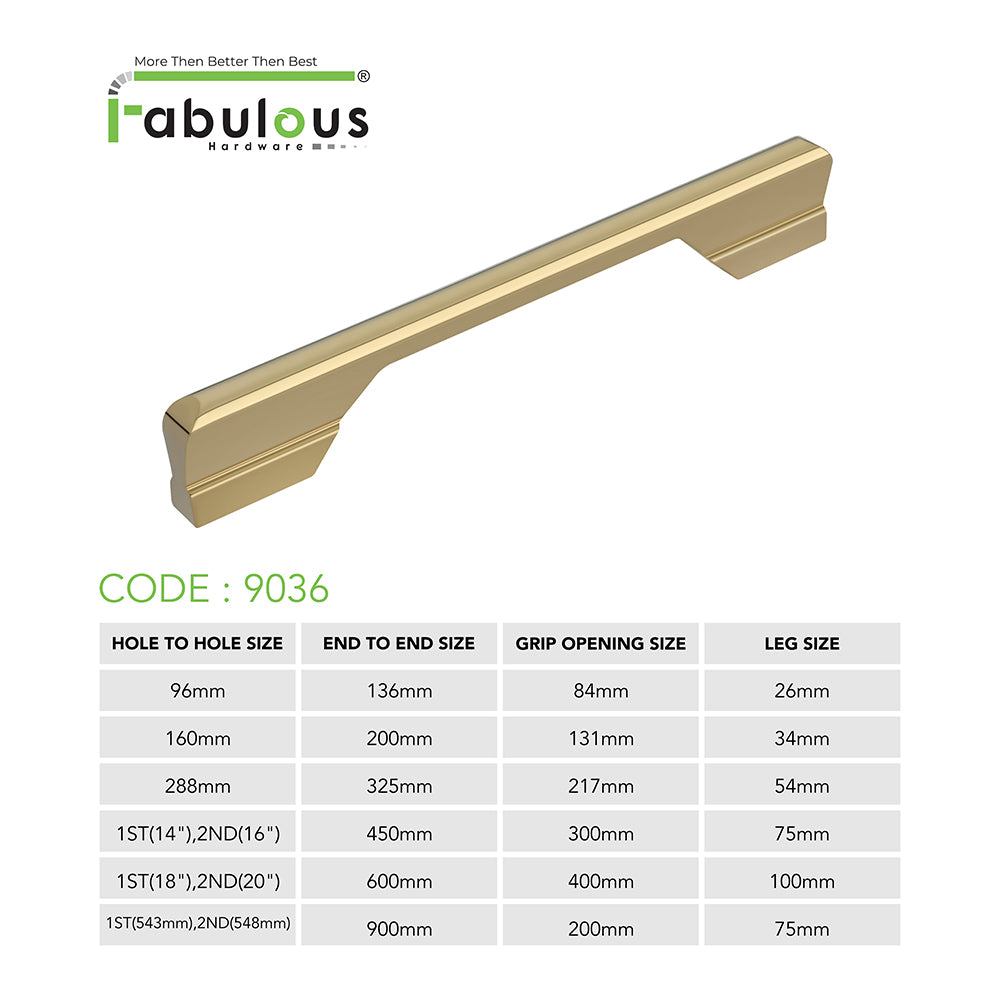 Aluminium Wardrobe Cabinet Handle 9036 | Satin Black, Satin S.S., Gold PVD | 96mm, 160mm, 288mm, 450mm, 600mm, 900mm