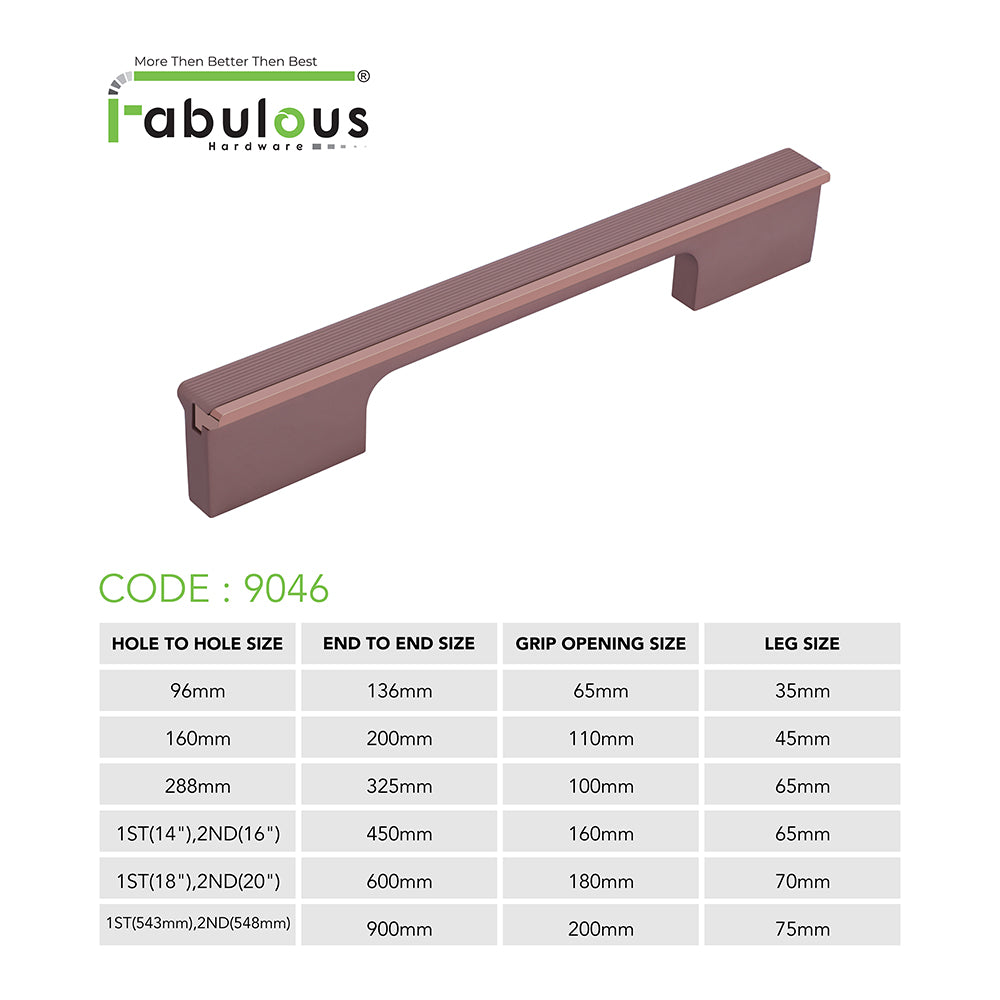 Aluminium Wardrobe Cabinet Handle 9046 | Satin Black + Spray Black, Gold Matt + Gold PVD, Pista + Gold PVD, Sartin Copper + R.G. PVD | 96mm, 160mm, 288mm, 450mm, 600mm, 900mm