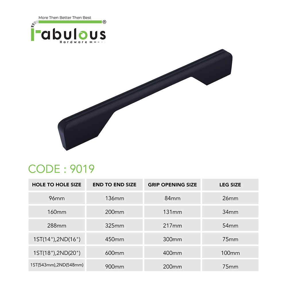 Aluminium Wardrobe Cabinet Handle 9019 | Satin Black, R.G. PVD | 96mm, 160mm, 288mm, 450mm, 600mm, 900mm