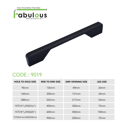Aluminium Wardrobe Cabinet Handle 9019 | Satin Black, R.G. PVD | 96mm, 160mm, 288mm, 450mm, 600mm, 900mm